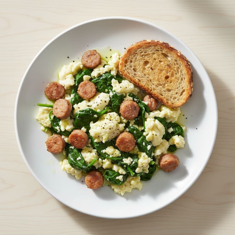 Egg White and Turkey Sausage Scramble with Sautéed Spinach