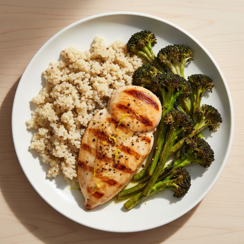 Grilled Lemon Pepper Chicken Breast with Quinoa and Roasted Broccoli