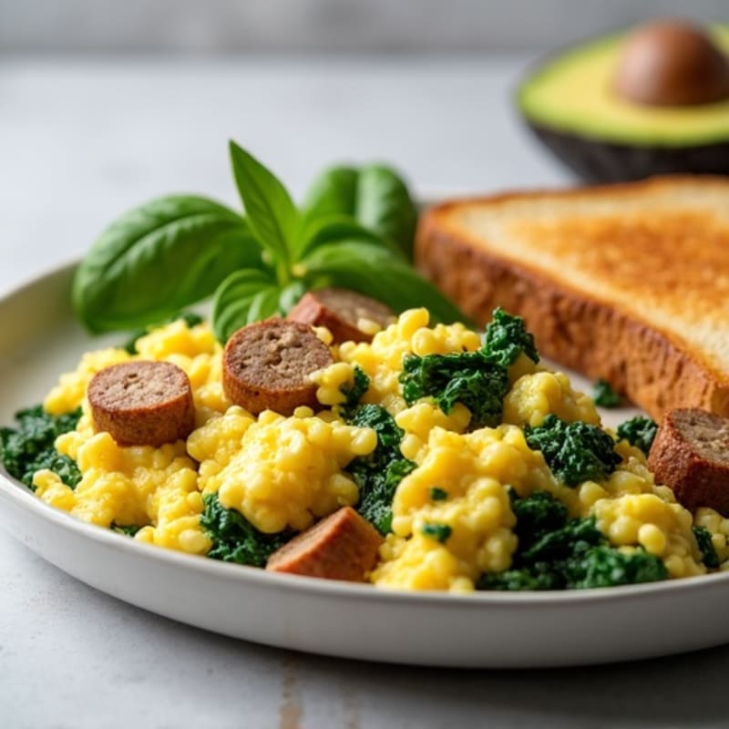 Egg White Scramble with Turkey Sausage and Sautéed Spinach