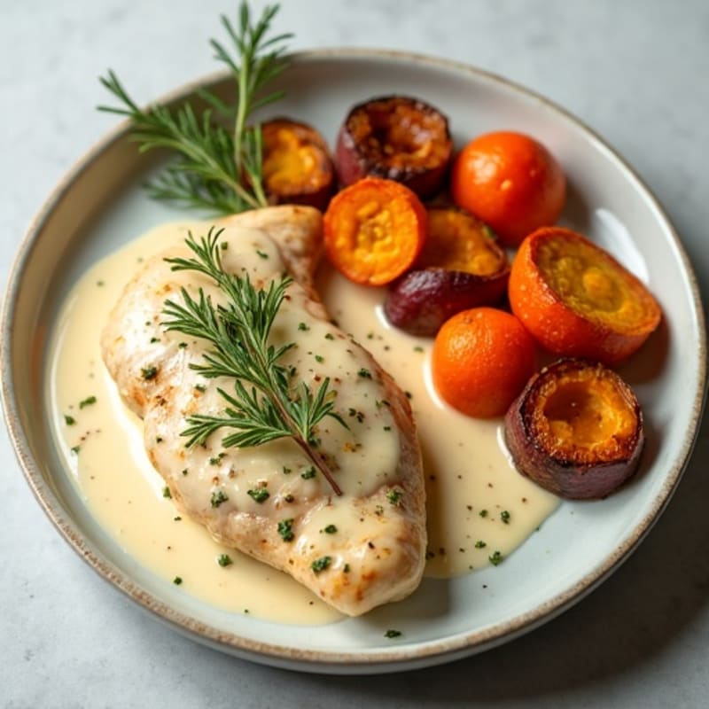 Creamy Garlic Herb Chicken with Roasted Root Vegetables
