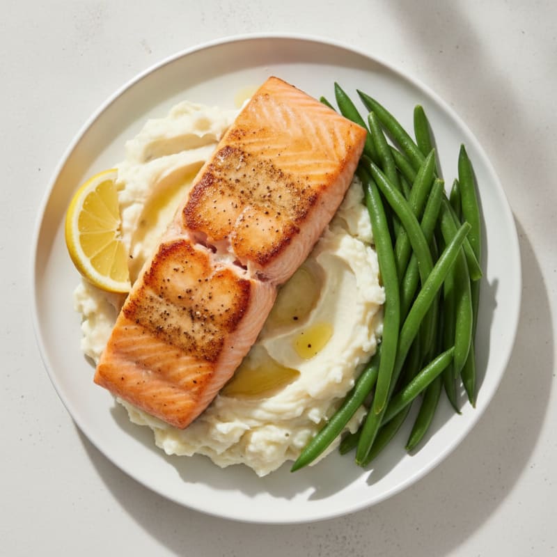 Seared Salmon Fillet with Steamed Green Beans and Garlic Mashed Potatoes