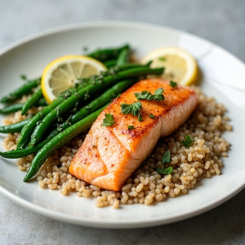 Seared Salmon Fillet with Garlic Green Beans and Brown Rice