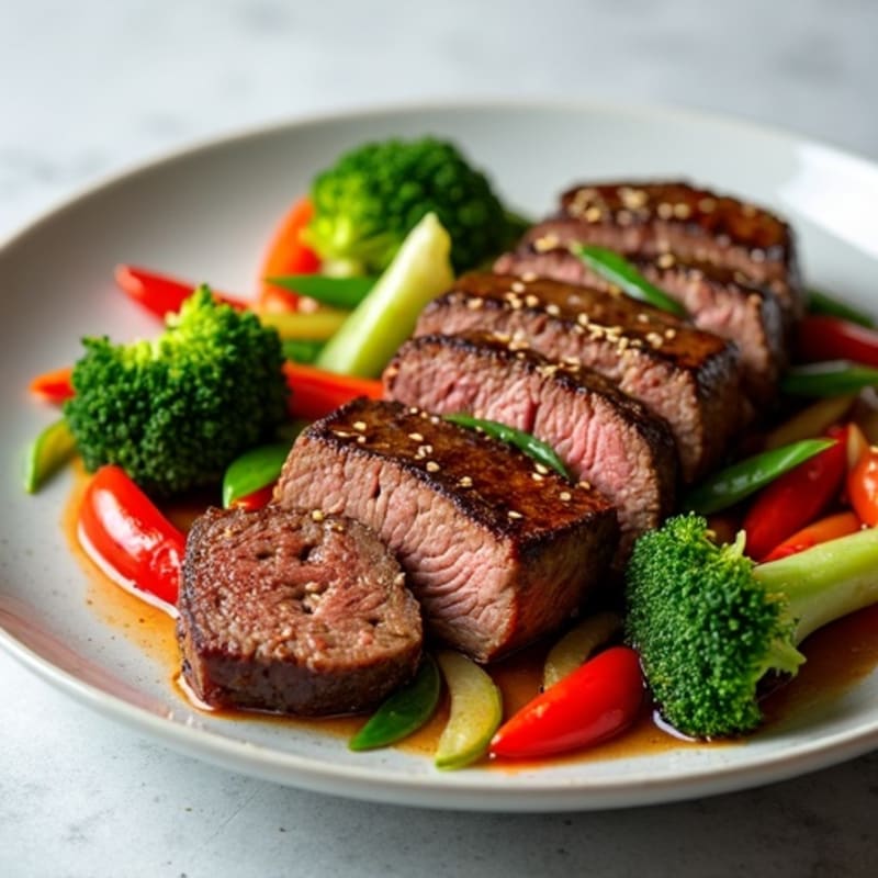 Lean Pan-Seared Sweet and Savory Beef with Sesame Vegetables