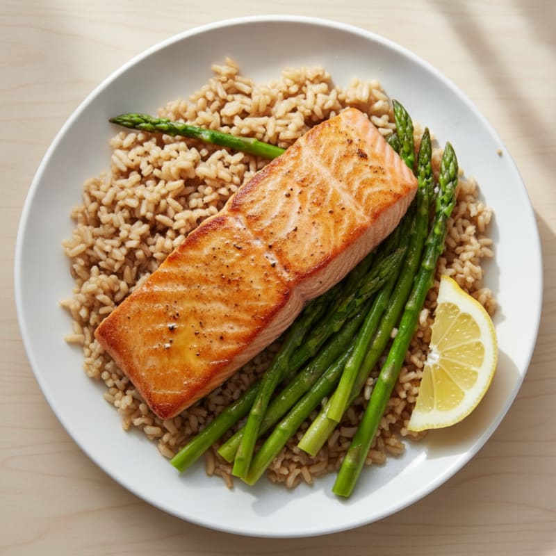 Seared Salmon Fillet with Steamed Asparagus and Brown Rice