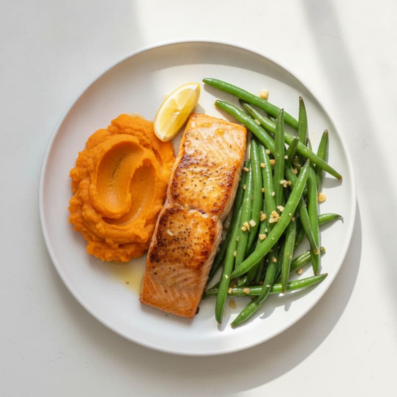 Seared Salmon with Garlic Green Beans and Sweet Potato Mash