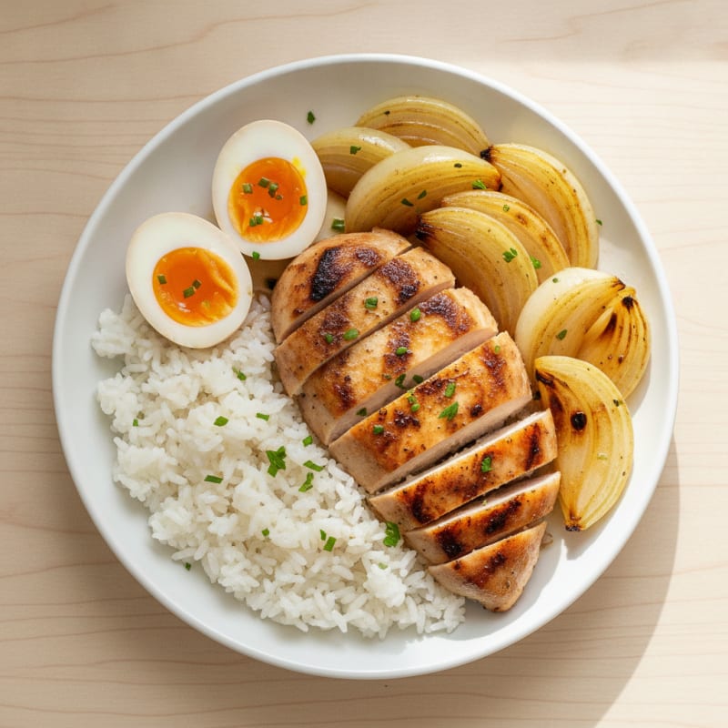 Grilled Chicken Breast with Steamed Rice and Roasted Onion