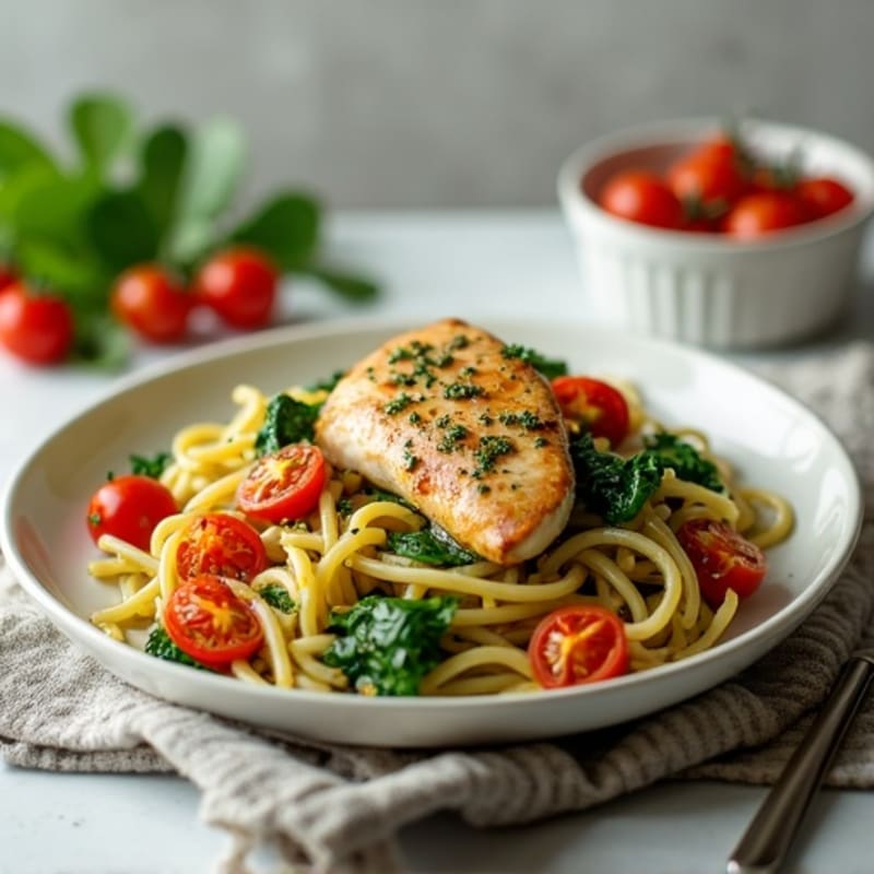 Chicken Pesto Pasta with Roasted Cherry Tomatoes and Spinach