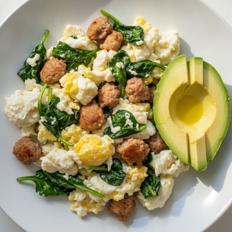 Egg White Scramble with Turkey Sausage and Sautéed Spinach