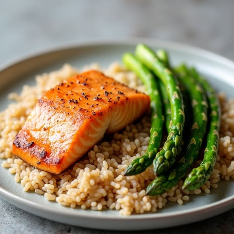 Seared Salmon Fillet with Steamed Asparagus and Brown Rice