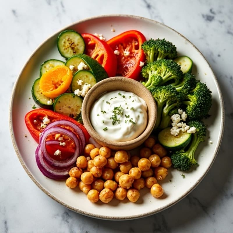 Sheet Pan Roasted Vegetables and Crispy Chickpeas with Lemon-Herb Dressing