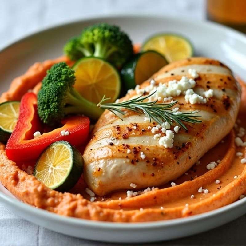 Sheet Pan Lemon Herb Chicken and Roasted Vegetables with Creamy Roasted Red Pepper Hummus