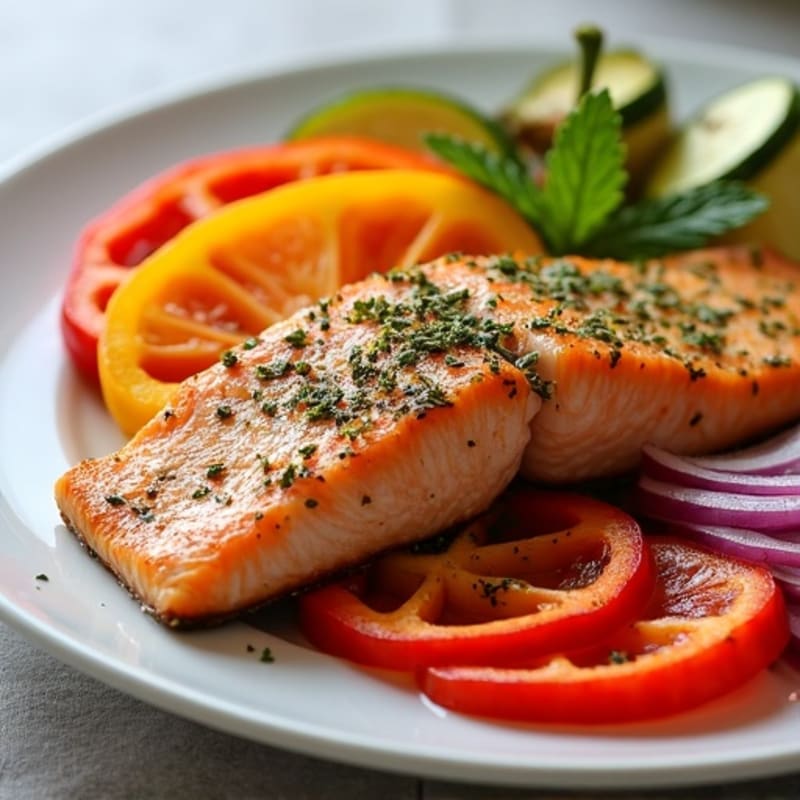 Crispy Sheet Pan Herb-Crusted Salmon with Roasted Rainbow Vegetables
