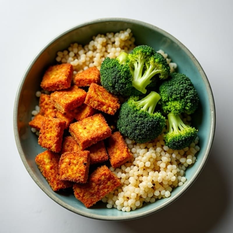 Crispy Tempeh Power Bowl with Quinoa and Roasted Broccoli
