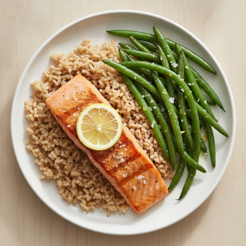 Seared Salmon Fillet with Garlic Green Beans and Brown Rice