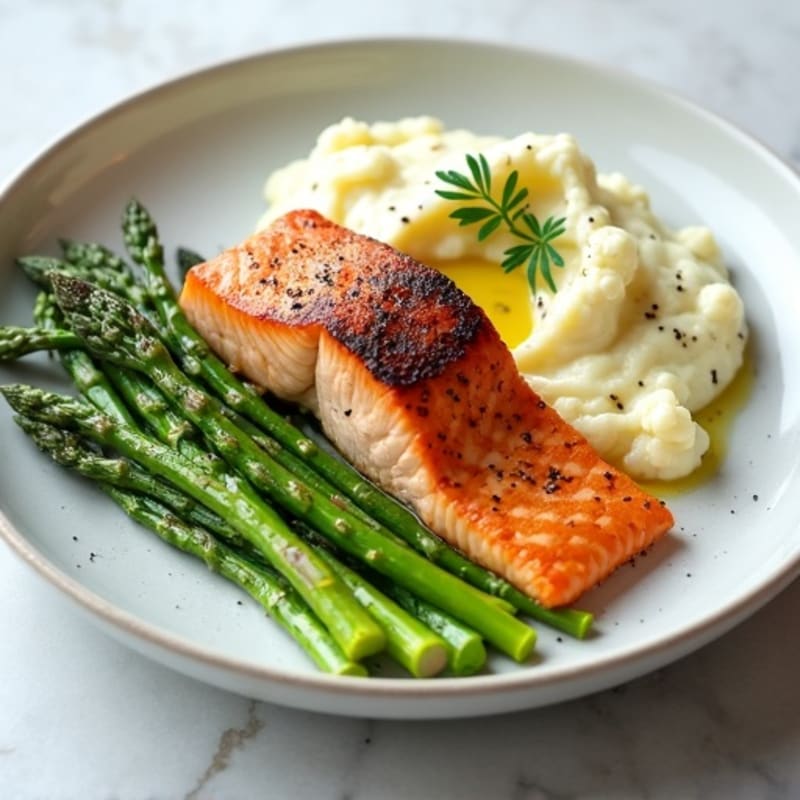 Seared Salmon with Steamed Asparagus and Cauliflower Mash