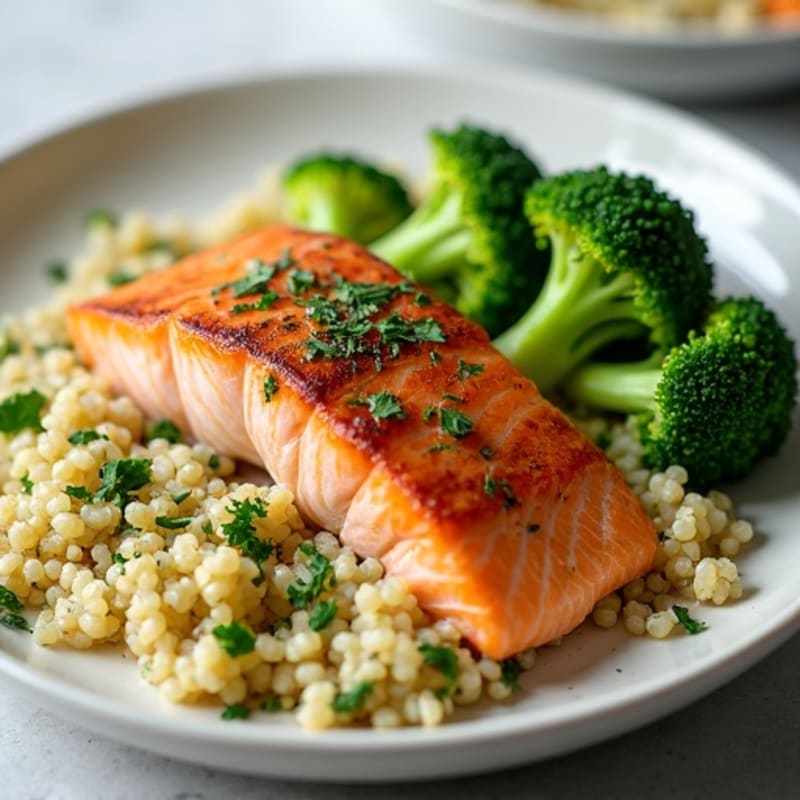Seared Salmon with Steamed Broccoli and Herb Quinoa