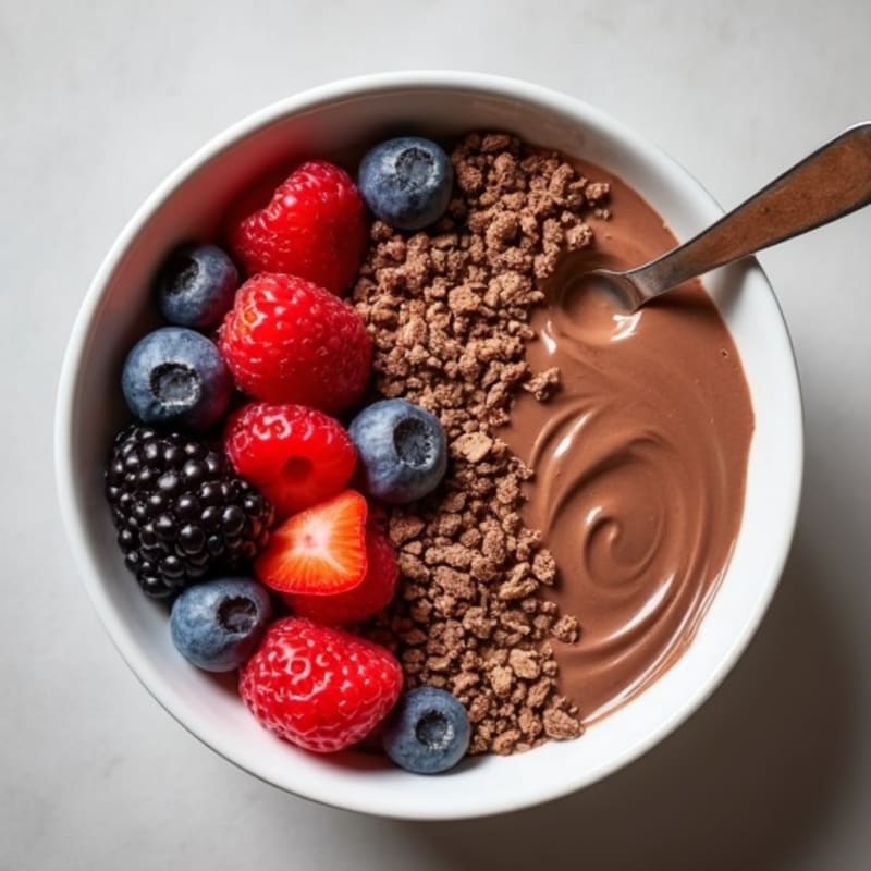 Creamy Chocolate Fudgy Protein Bowl with Berry Swirl and Crunchy Cacao Nibs