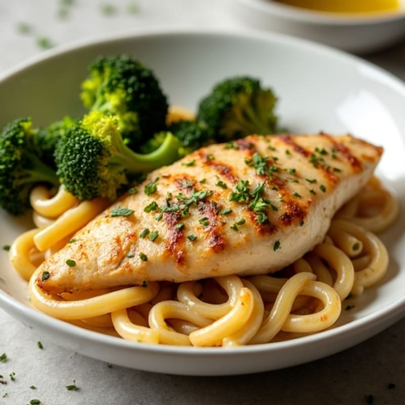 Silky Garlic Chicken Pasta with Roasted Broccoli