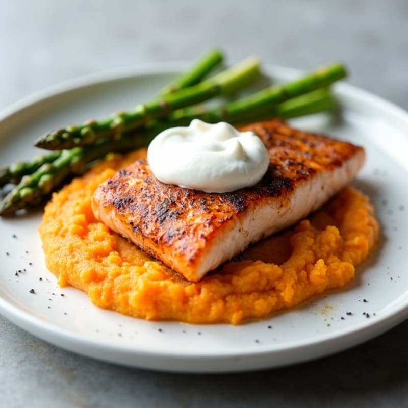 Seared Salmon Fillet with Roasted Asparagus and Sweet Potato Mash