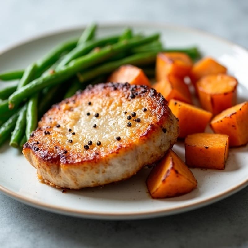 Crispy Pan-Seared Pork Chops with Roasted Sweet Potatoes and Green Beans