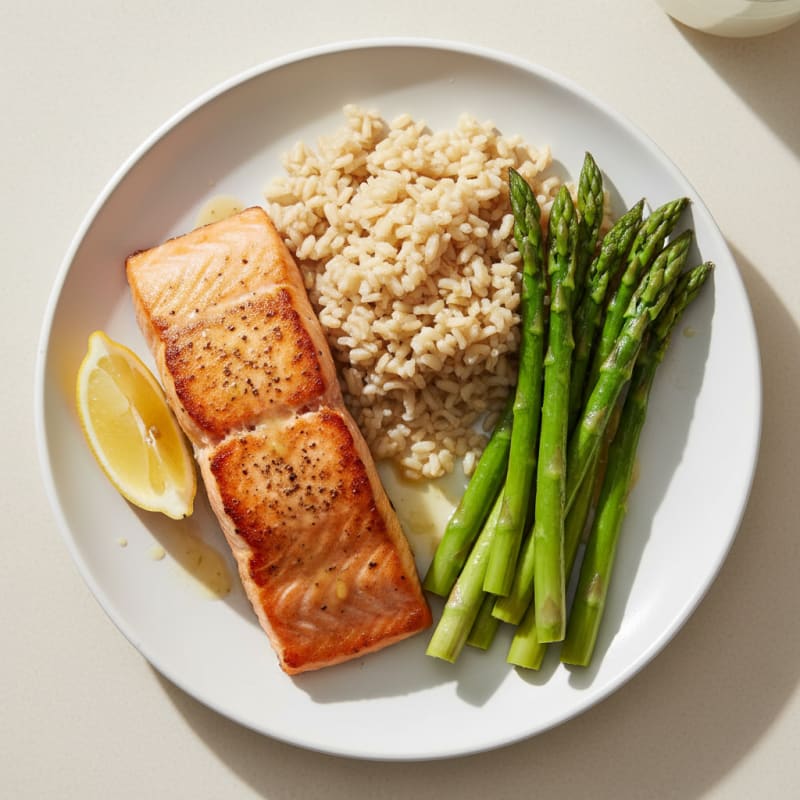 Seared Salmon with Steamed Asparagus and Brown Rice