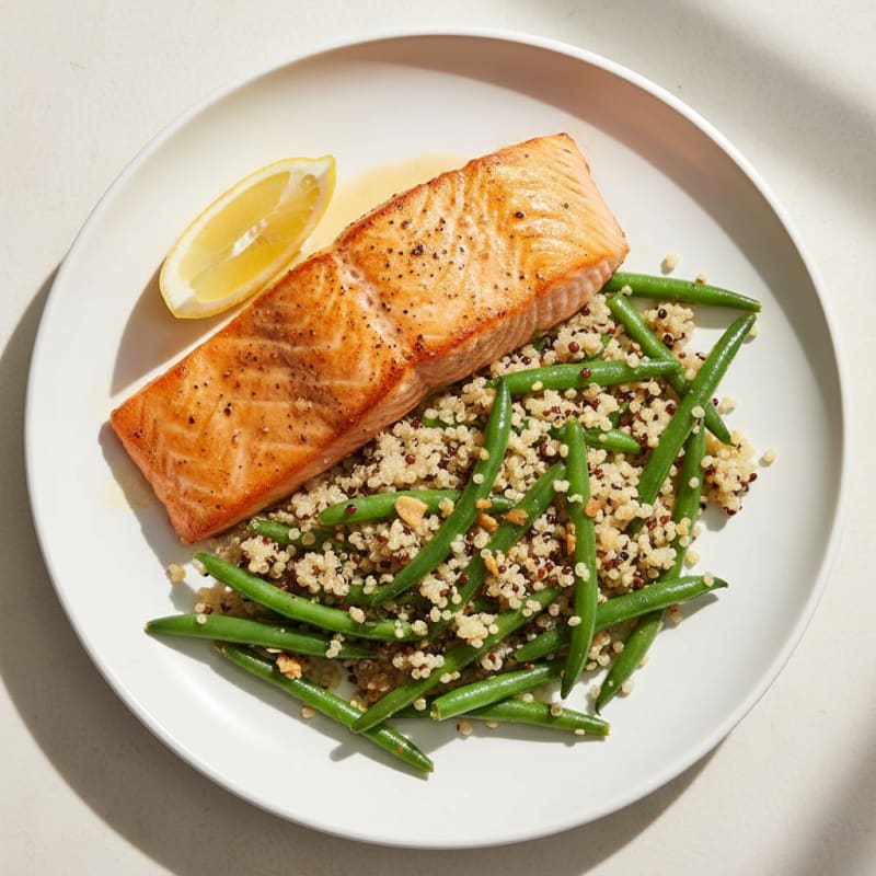 Seared Salmon Fillet with Garlic Green Beans and Quinoa