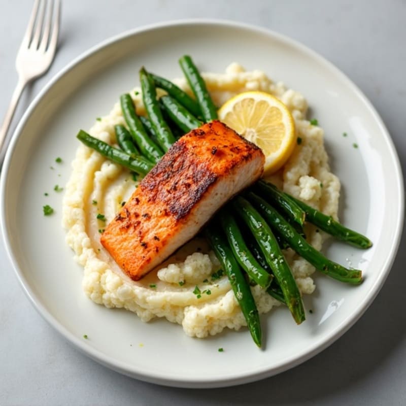 Seared Salmon with Garlic Green Beans and Cauliflower Mash