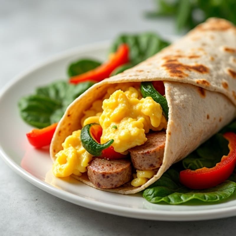 Hearty Scrambled Egg and Lean Turkey Sausage Whole Wheat Burrito with Sautéed Vegetables