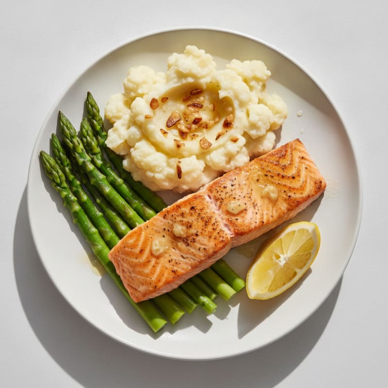 Seared Salmon with Steamed Asparagus and Garlic Mashed Cauliflower