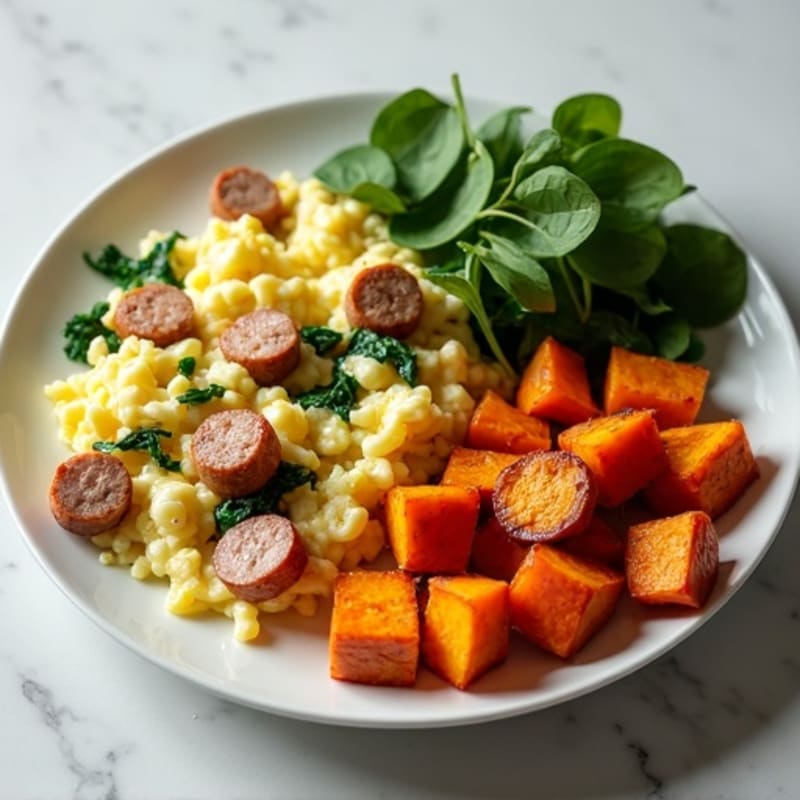 Egg White and Turkey Sausage Scramble with Spinach and Roasted Sweet Potatoes