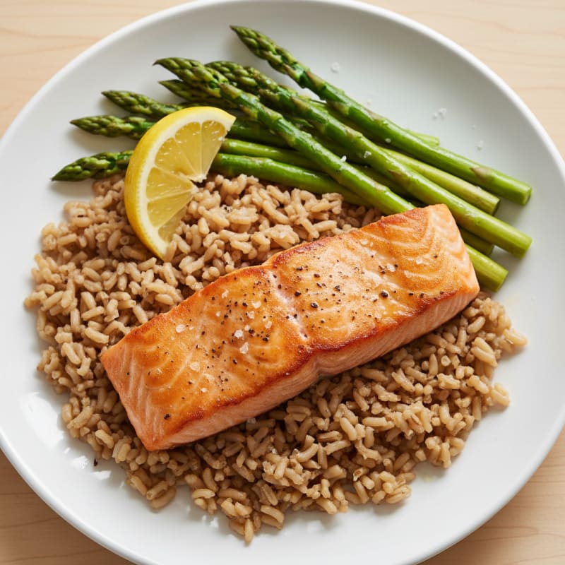 Seared Salmon with Steamed Asparagus and Brown Rice