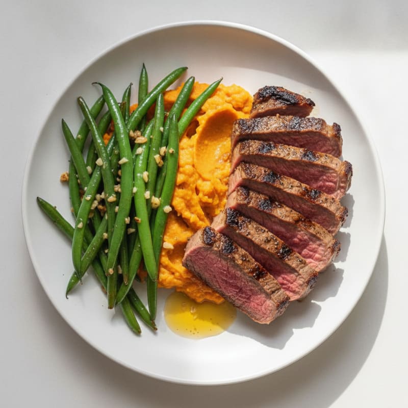 Seared Sirloin Steak with Garlic Green Beans and Sweet Potato Mash