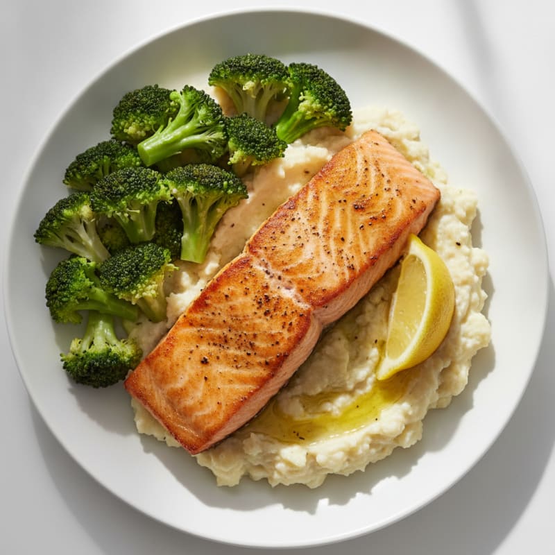 Seared Salmon with Steamed Broccoli and Garlic Cauliflower Mash