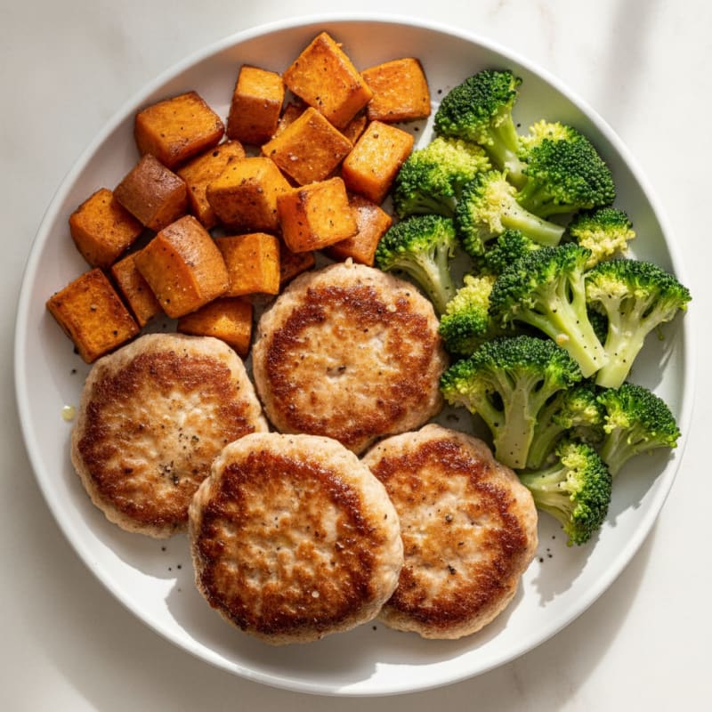 Seared Turkey Patties with Roasted Sweet Potato and Steamed Broccoli