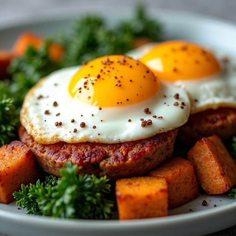 Sweet Potato and Turkey Sausage Hash with Crispy Kale and Fried Eggs