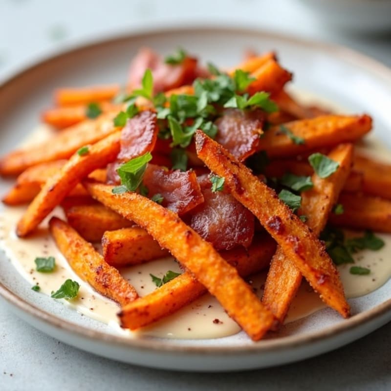 Crispy Roasted Sweet Potato Fries with Lean Bacon Crumbles and Creamy Cashew Cheese Sauce