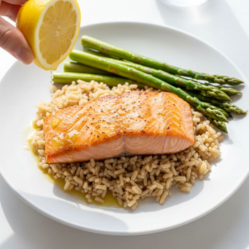 Seared Salmon with Steamed Asparagus and Brown Rice