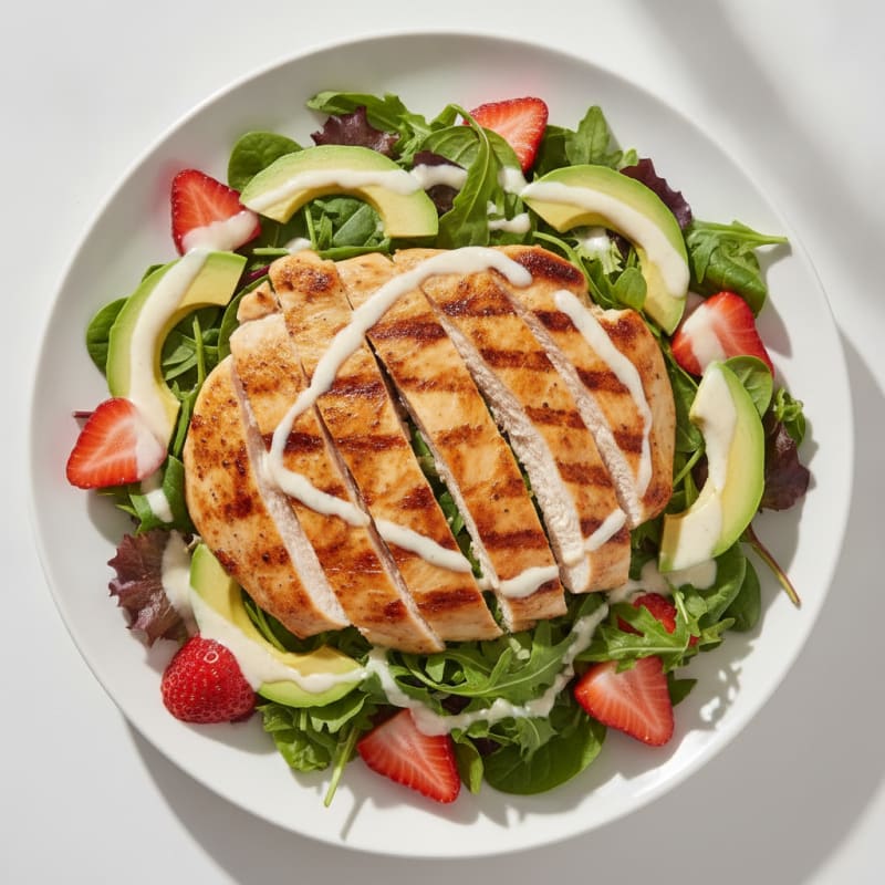 Grilled Chicken Salad with Yogurt Dressing and Mixed Fruit