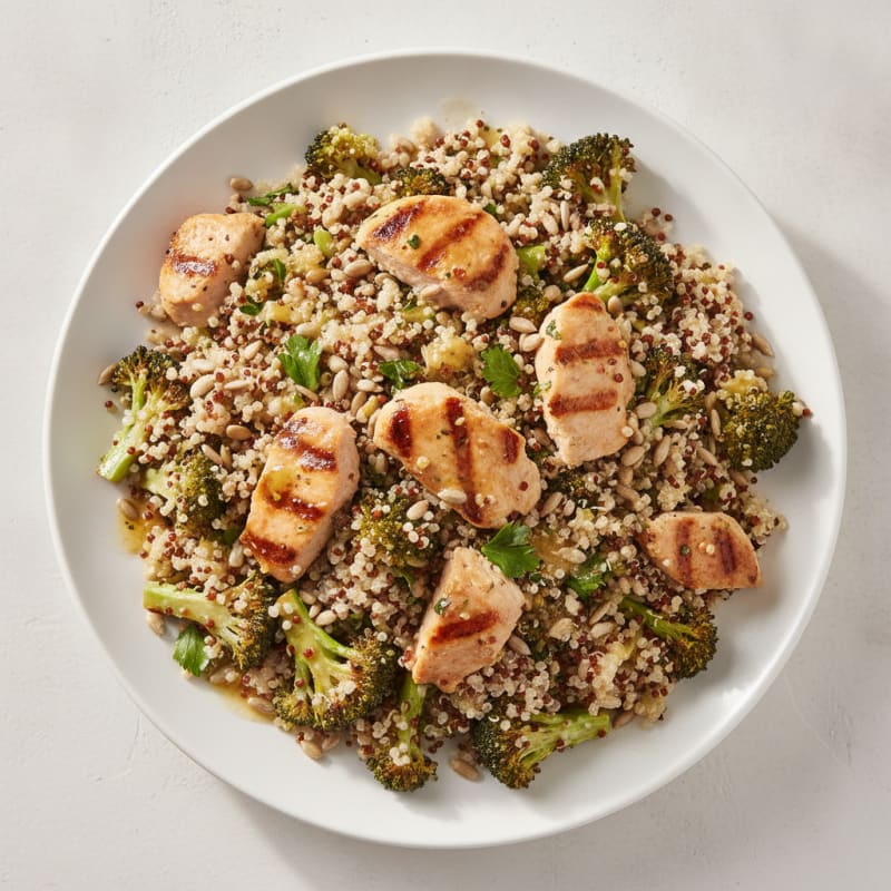 Grilled Turkey and Quinoa Salad with Roasted Broccoli and Sunflower Seeds