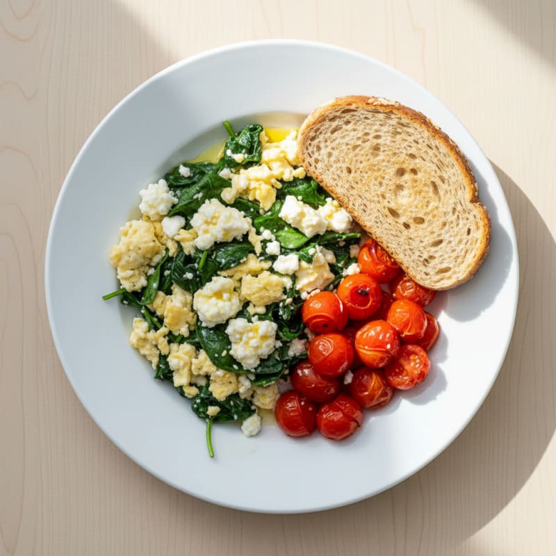 Egg White and Spinach Scramble with Cottage Cheese and Cherry Tomatoes