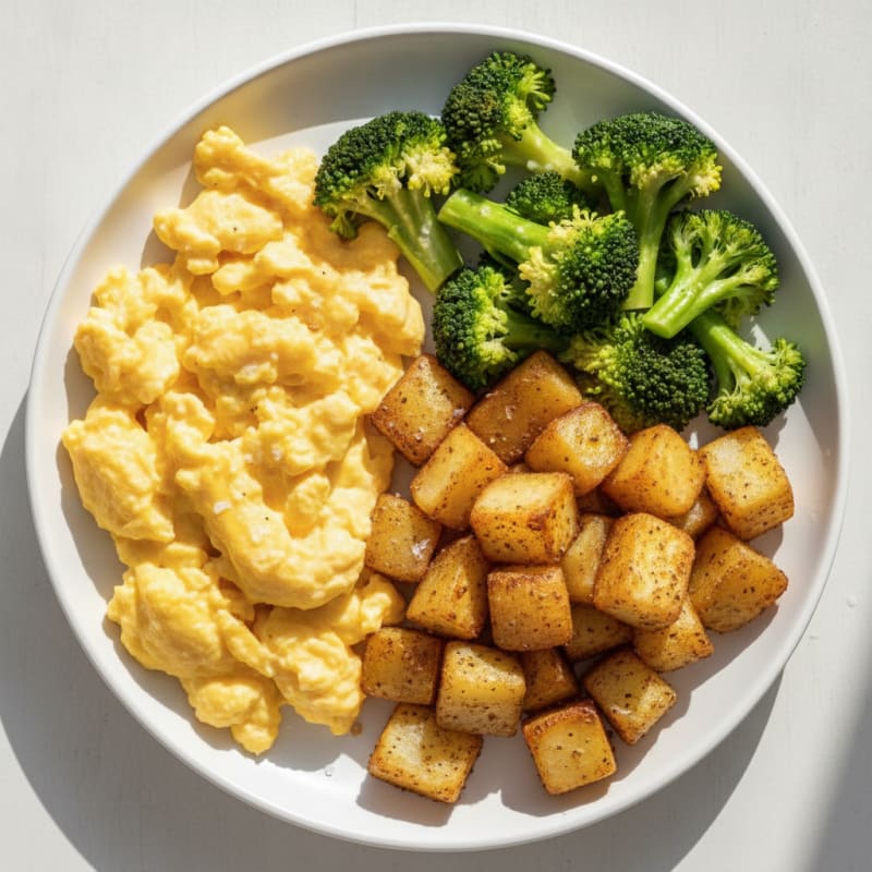 Scrambled Eggs with Roasted Potatoes and Steamed Broccoli