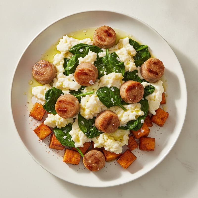Egg White and Turkey Sausage Scramble with Sautéed Spinach and Sweet Potato
