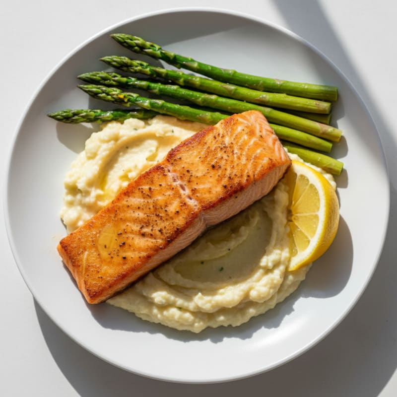Seared Salmon Fillet with Steamed Asparagus and Garlic Cauliflower Mash