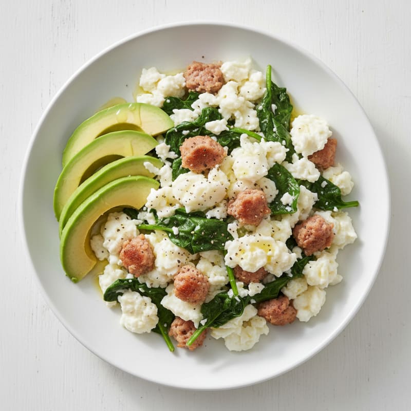 Egg White Scramble with Turkey Sausage and Sautéed Spinach