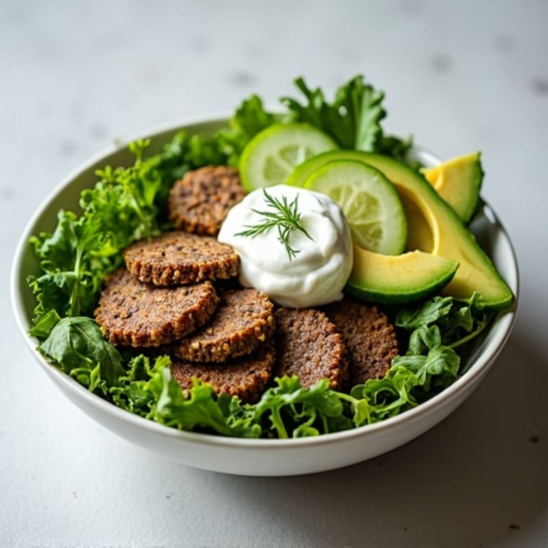 Lean Ground Beef and Fresh Greens Bowl with Creamy Dill Pickle Dressing