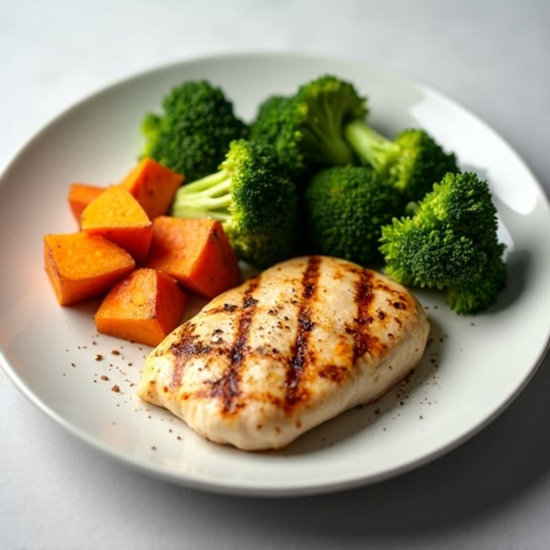 Grilled Chicken Breast with Roasted Sweet Potato and Steamed Broccoli