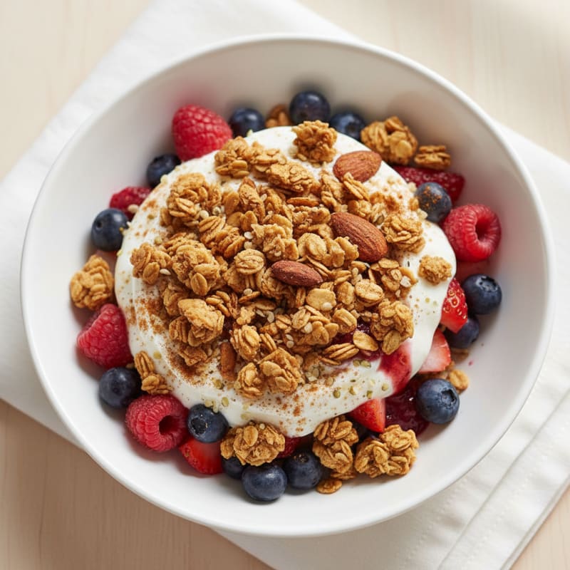 Greek Yogurt Parfait with Crunchy Almond Granola and Mixed Berries
