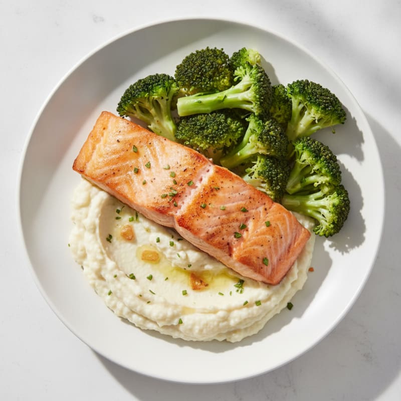 Seared Salmon with Steamed Broccoli and Garlic Cauliflower Mash