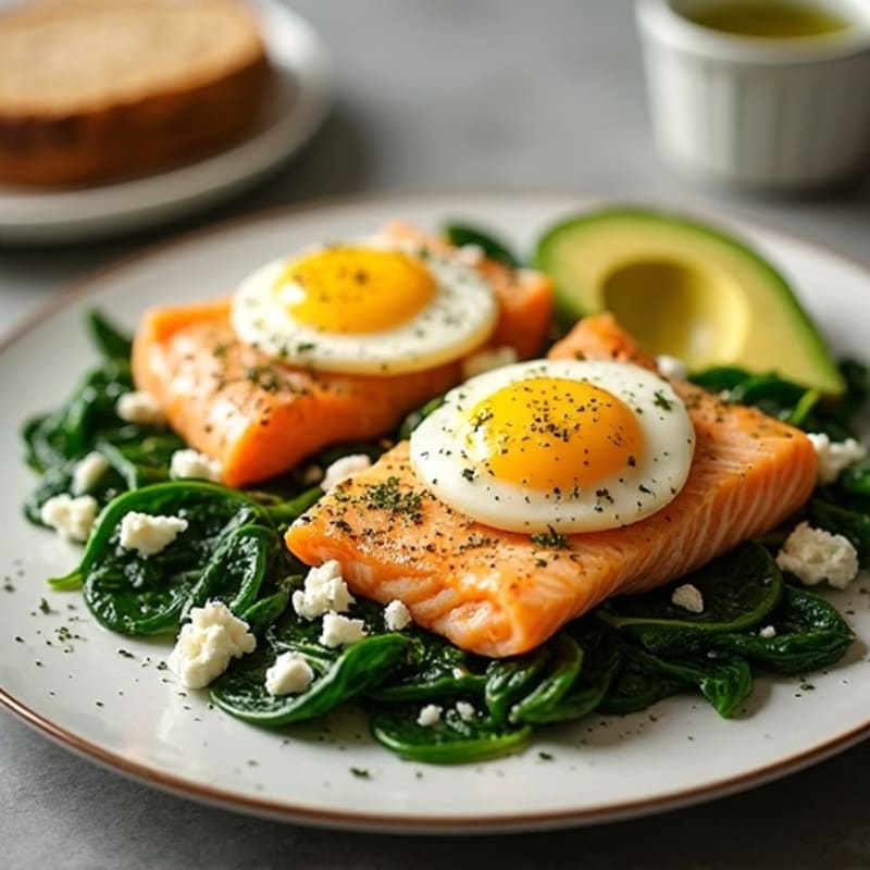 Scrambled Eggs with Sautéed Spinach and Seared Salmon