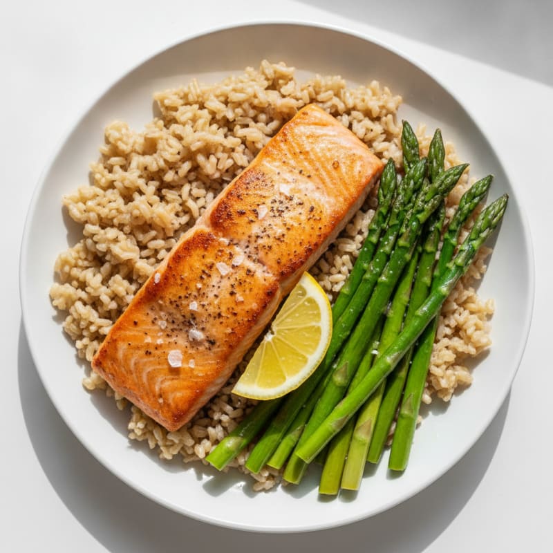 Seared Salmon with Steamed Asparagus and Brown Rice
